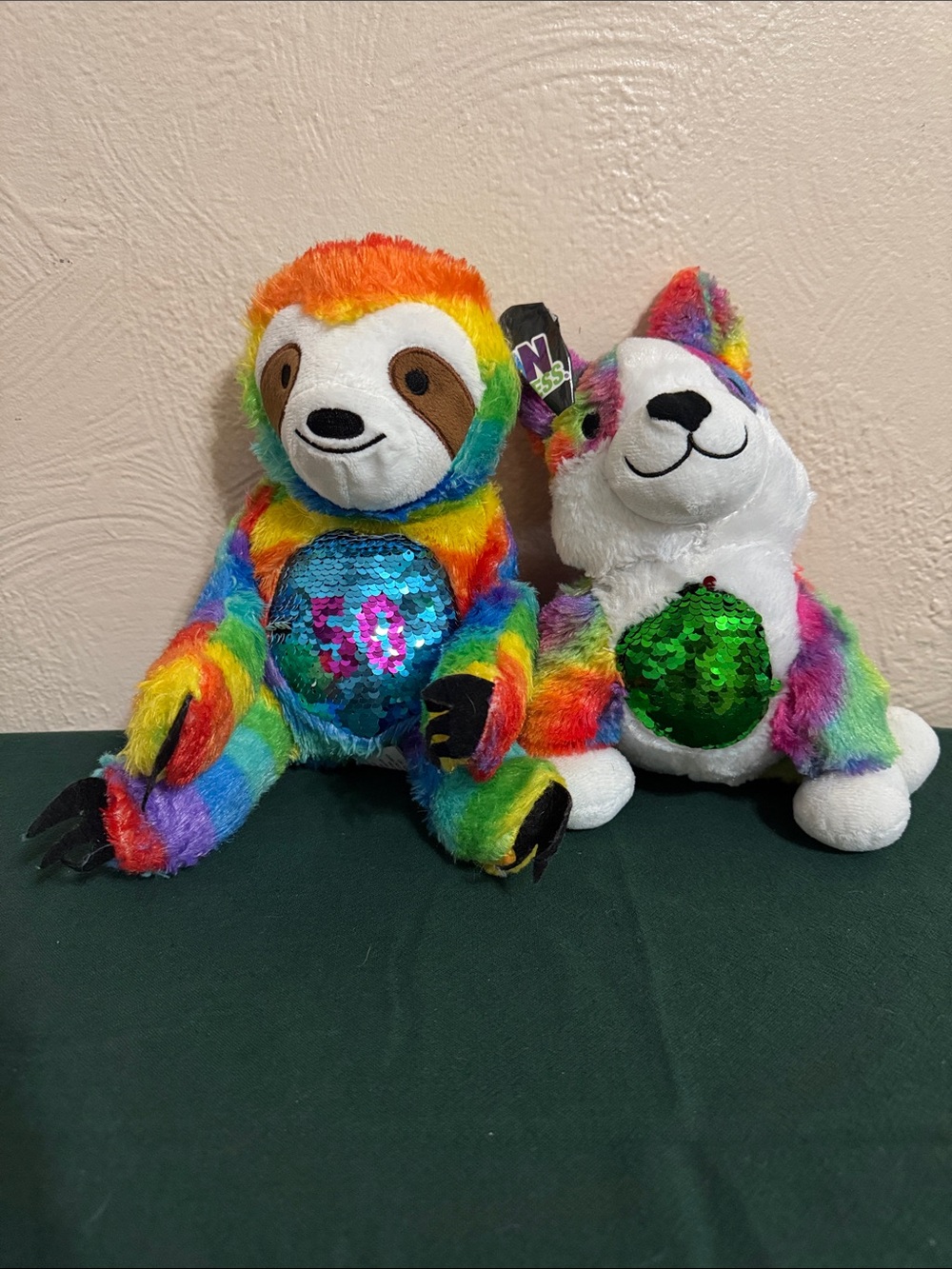 Rainbow Sloth & Rainbow Pup Plush with Sequin Bellies - Multicolor